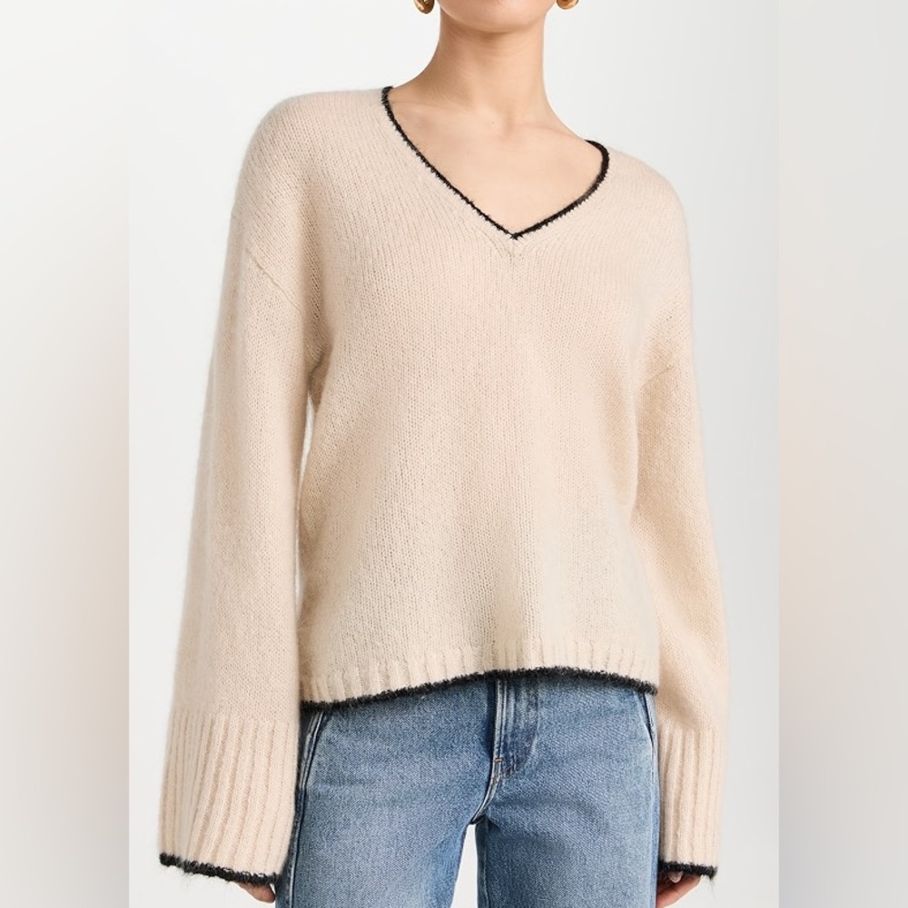 By Malene Birger Cream V-Neck Sweater with Black Trim